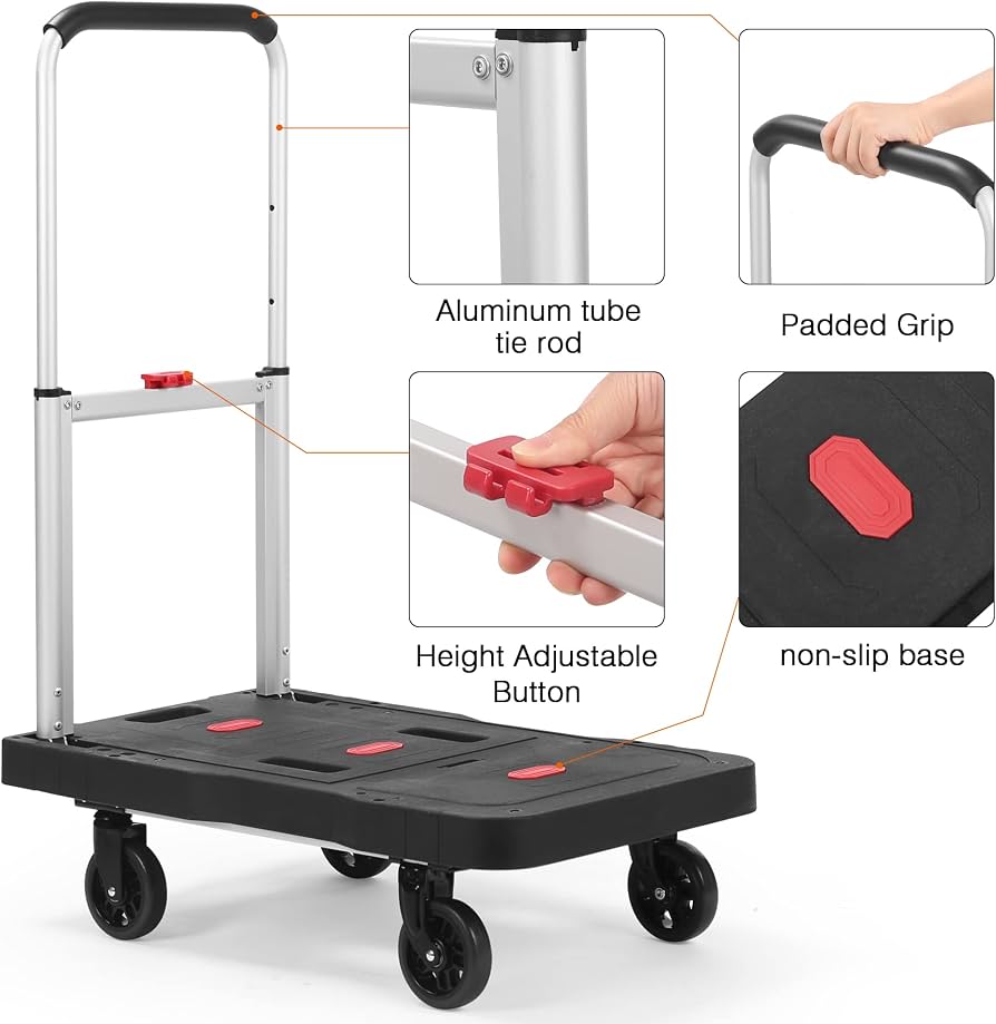 รถเข็นชั้นเดียวพับเก็บได้ 4 ล้อ Aluminum Portable Trolley 150Kg.